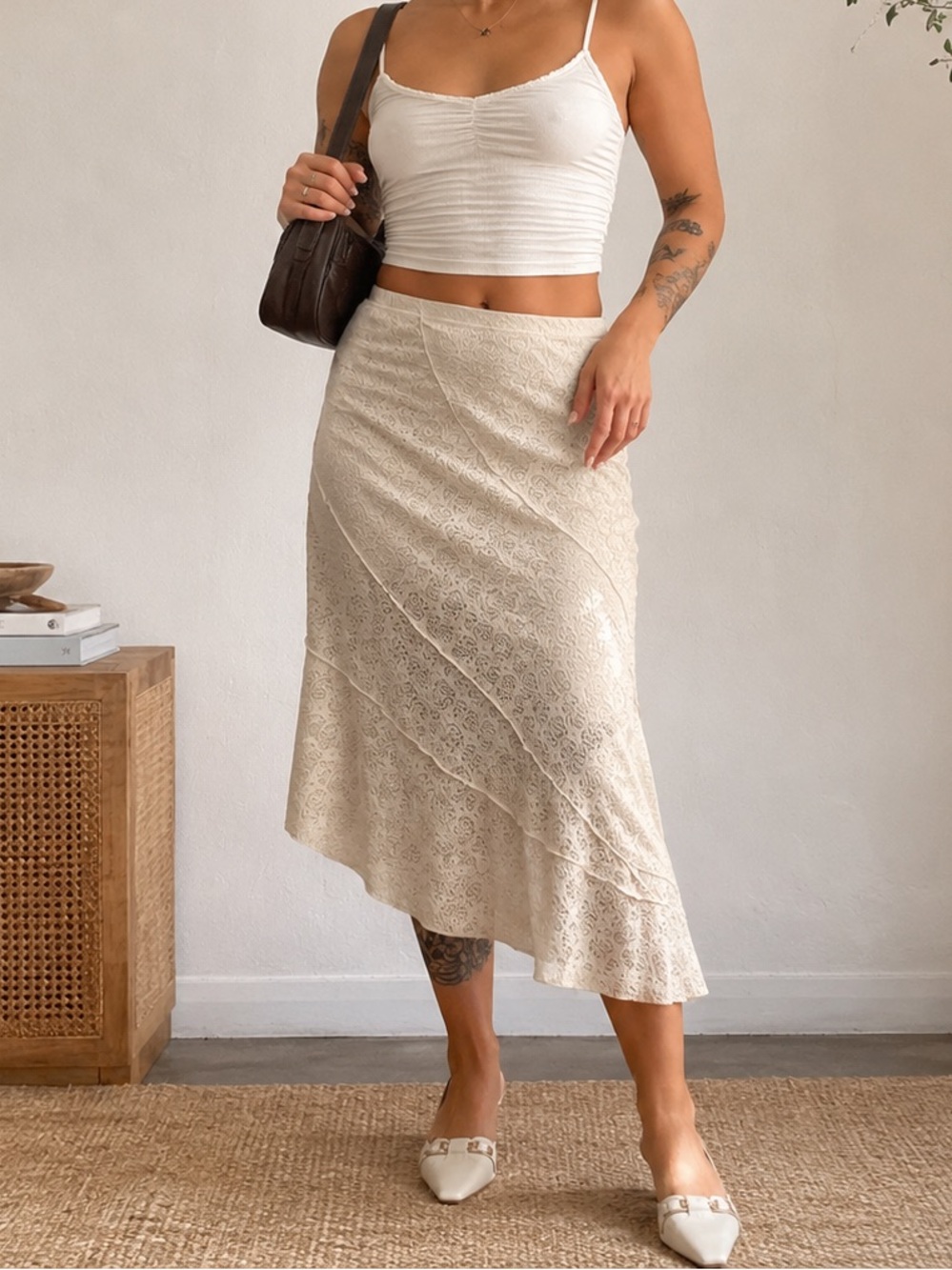 Coquette Cream Asymmetrical Forest Fairy Skirt Boho Midi Skirt Lace Medium